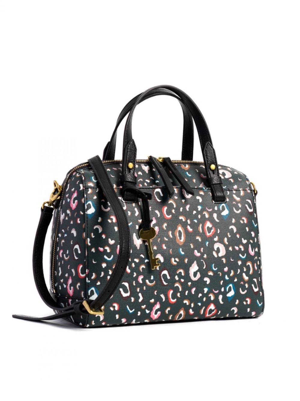 Fossil Rachel Leather Satchel Handbag with Multicolor Leopard Print